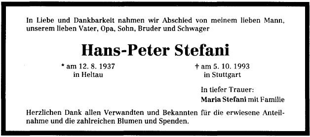 Stefani Hans Peter 1937-1993 Todesanzeige